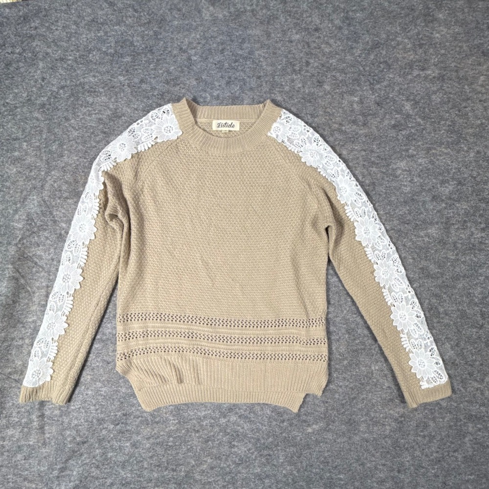 Listicle Lace Sleeve Mohair Blend Sweater Womens S Tan Beige Floral Knit Boho